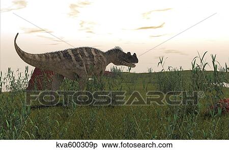 Ceratosaurus hunting in prehistoric grasslands. View Large Illustration Stock Illustration - Ceratosaurus hunting in prehistoric grasslands.. Fotosearch