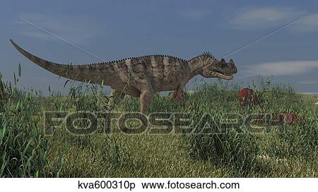 Stock Illustration - Ceratosaurus hunting in prehistoric grasslands.. Fotosearch
