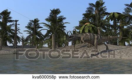 Ceratosaurus hunting on the shoreline of a lake. View Large Illustration Stock Illustration - Ceratosaurus hunting on the shoreline of a lake.. Fotosearch