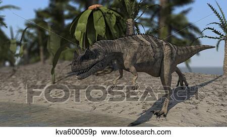 Stock Illustration - Ceratosaurus hunting on the shoreline of a lake.. Fotosearch