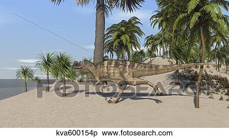 Stock Illustration - Ceratosaurus running across a tropical landscape.. Fotosearch