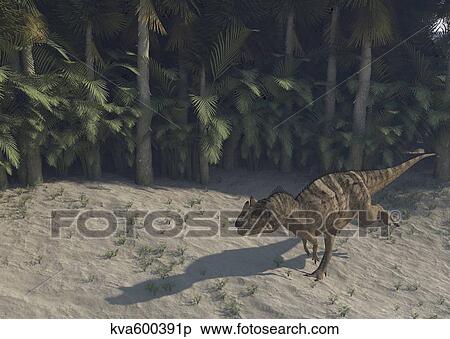 Stock Illustration - Ceratosaurus running across prehistoric landscape.. Fotosearch