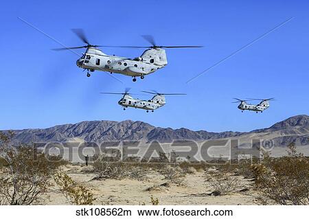 CH-46E Sea Knight transport helicopters fly over Camp Wilson. View Large Photo Image Picture - CH-46E Sea Knight transport helicopters fly over Camp Wilson.. Fotosearch