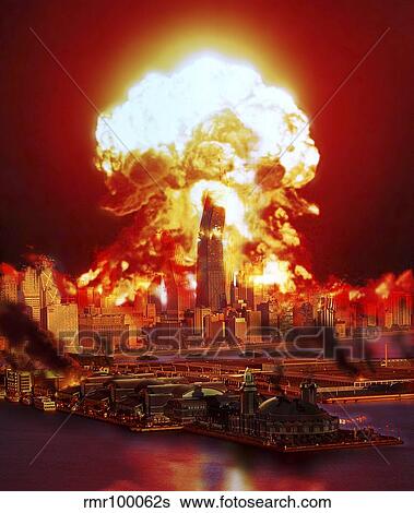 Stock Illustration - Chicago disintegrates as a nuclear explosion erupts in the middle of the city.. Fotosearch
