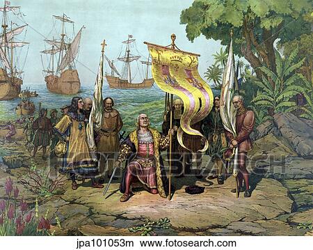 Stock Illustration - Christopher Columbus taking possession of the new country.. Fotosearch