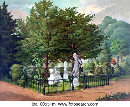 Stock Illustration - Civil War color painting of General Lee visiting the grave of General Thomas Jackson.. Fotosearch