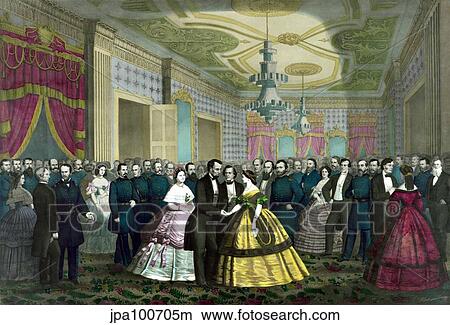 Stock Illustration - Civil War era color print of President Abraham Lincoln and wife at their last reception.. Fotosearch