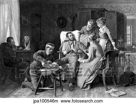 Stock Illustration - Civil War poster of a wounded Union soldier being tended to in a home.. Fotosearch