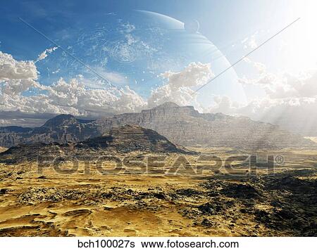 Stock Illustration - Clouds break over a desert on Matsya, giving a glimpse of the planet Samandar.. Fotosearch