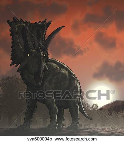 Coahuilaceratops walking through a Cretaceous sunset. View Large Illustration Stock Illustration - Coahuilaceratops walking through a Cretaceous sunset.. Fotosearch