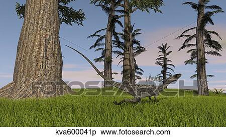 Coelophysis running through a grassy field. View Large Illustration Stock Illustration - Coelophysis running through a grassy field.. Fotosearch