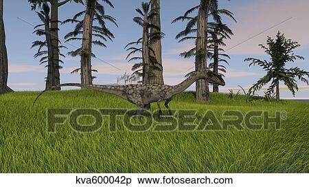 Coelophysis running through a grassy field. View Large Illustration Stock Illustration - Coelophysis running through a grassy field.. Fotosearch