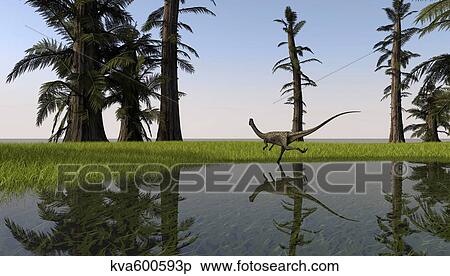 Stock Illustration - Coelophysis running through swampy water.. Fotosearch