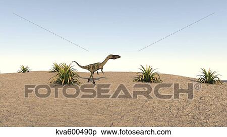 Stock Illustration - Coelophysis walking across a barren landscape.. Fotosearch