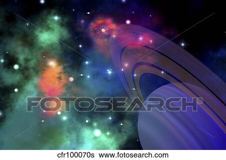 Colorful nebula near a ringed planet. View Large Illustration Stock Illustration - Colorful nebula near a ringed planet.. Fotosearch