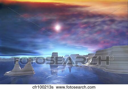 Colorful sunset on the waters of this canyon landscape. View Large Illustration Stock Illustration - Colorful sunset on the waters of this canyon landscape.. Fotosearch