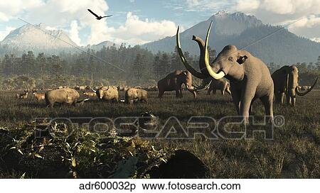 Columbian mammoths and bison roam the ancient plains of North America. View Large Illustration Stock Illustration - Columbian mammoths and bison roam the ancient plains of North America.. Fotosearch