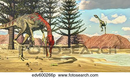 Compsognathus dinosaur attempts to eat a frog. View Large Illustration Stock Illustration - Compsognathus dinosaur attempts to eat a frog.. Fotosearch