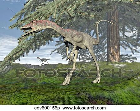 Stock Illustration - Compsognathus dinosaur under fir tree.. Fotosearch