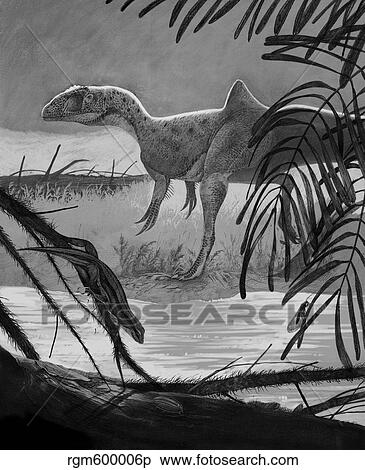 Concavenator corcovatus searching for prey on the shore of a lake. View Large Illustration Stock Illustration - Concavenator corcovatus searching for prey on the shore of a lake.. Fotosearch