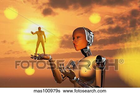 Stock Illustration - Concept illustrating mankind becoming a slave to robotic technology.. Fotosearch