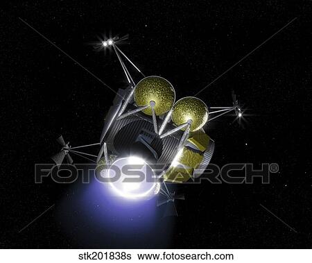 Concept of a crew blasting off from the moon's surface in a portion of a lunar lander View Large Illustration Stock Illustration - Concept of a crew blasting off from the moon's surface in a portion of a lunar lander. Fotosearch
