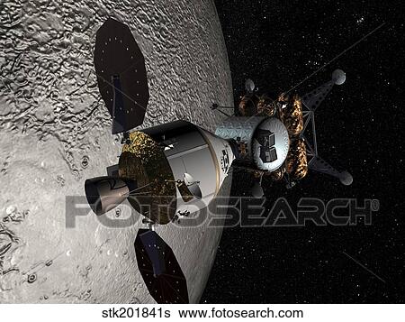 Concept of the Orion crew exploration vehicle docked to a lunar lander in lunar orbit. View Large Illustration Stock Illustration - Concept of the Orion crew exploration vehicle docked to a lunar lander in lunar orbit.. Fotosearch