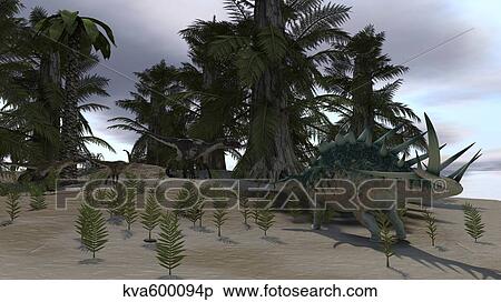 Confrontation between a group of Utahraptors and a Kentrosaurus. View Large Illustration Stock Illustration - Confrontation between a group of Utahraptors and a Kentrosaurus.. Fotosearch