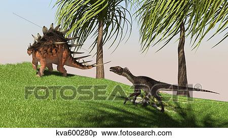 Confrontation between a Kentrosaurus and a Utahraptor. View Large Illustration Stock Illustration - Confrontation between a Kentrosaurus and a Utahraptor.. Fotosearch