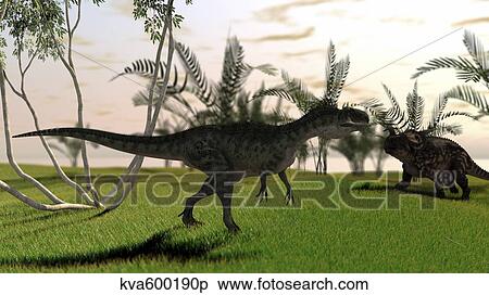 Stock Illustration - Confrontation between a Monolophosaurus and a brown Einiosaurus.. Fotosearch