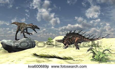 Confrontation between a Utahraptor and a Kentrosaurus. View Large Illustration Stock Illustration - Confrontation between a Utahraptor and a Kentrosaurus.. Fotosearch