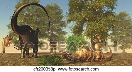 Confrontation between an Apatosaurus and a group of Ceratosaurus. View Large Illustration Stock Illustration - Confrontation between an Apatosaurus and a group of Ceratosaurus.. Fotosearch