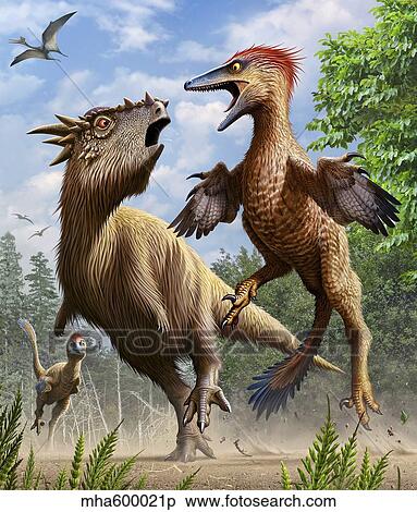 Confrontation between Pectinodon bakkeri and a Stygimoloch. View Large Illustration Stock Illustration - Confrontation between Pectinodon bakkeri and a Stygimoloch.. Fotosearch