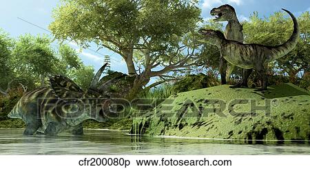 Stock Illustration - Confrontation between two Tyrannosaurus Rex and a Coahuilaceratops.. Fotosearch