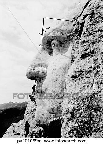 Picture - Construction of George Washington's face on Mount Rushmore, 1932.. Fotosearch
