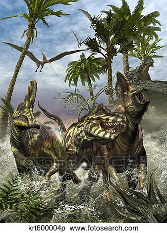Corythosaurus being chased by a Tyrannosaurus Rex. View Large Illustration Stock Illustration - Corythosaurus being chased by a Tyrannosaurus Rex.. Fotosearch