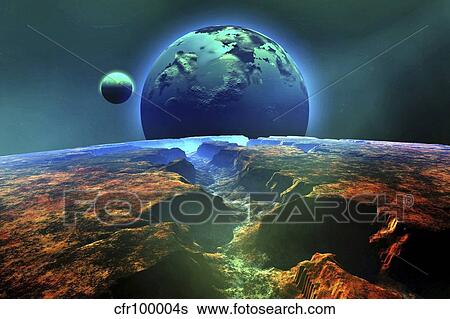 Cosmic landscape on another planet. View Large Illustration Stock Illustration - Cosmic landscape on another planet.. Fotosearch