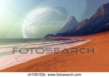 Stock Illustration - Cosmic seascape on an alien planet.. Fotosearch