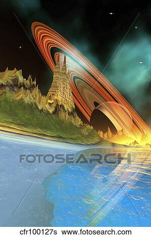 Cosmic seascape on another world. View Large Illustration Stock Illustration - Cosmic seascape on another world.. Fotosearch
