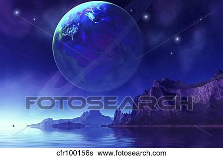 Stock Illustration - Cosmic seascape on another world with a ringed planet in the night sky.. Fotosearch