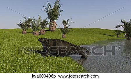 Stock Illustration - Cotylorhynchus on the shore.. Fotosearch