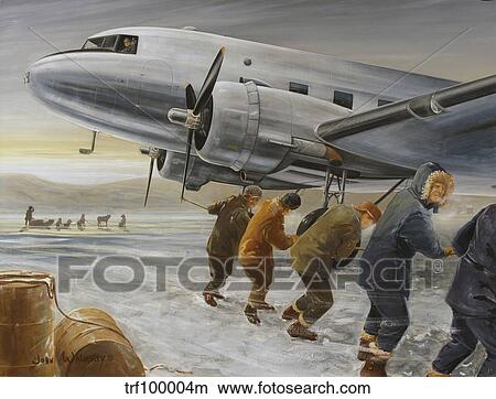Stock Illustration - Crew hand starting the port engine of the DC-3 Bluebonnet Belle.. Fotosearch