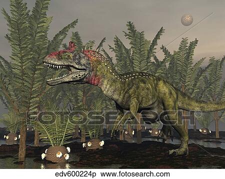Cryolophosaurus dinosaur in prehistoric wetlands. View Large Illustration Stock Illustration - Cryolophosaurus dinosaur in prehistoric wetlands.. Fotosearch