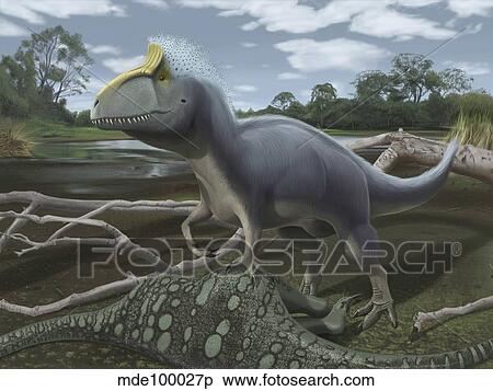Cryolophosaurus standing over it's prey. View Large Illustration Stock Illustration - Cryolophosaurus standing over it's prey.. Fotosearch