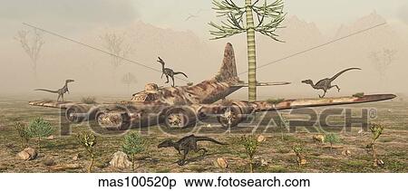 Curious velociraptors explore the wreckage of a B-17 bomber plane. View Large Illustration Stock Illustration - Curious velociraptors explore the wreckage of a B-17 bomber plane.. Fotosearch