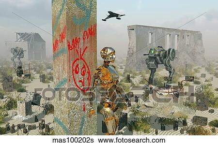 Stock Illustration - Death, ruins and decay following the aftermath of a futuristic war.. Fotosearch