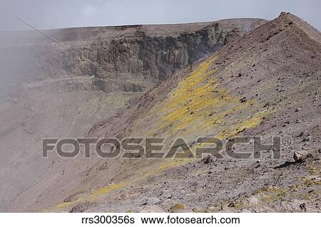 Stock Photograph - Degassing North crater with fumarolic sulphur deposits. Mount Etna volcano, Sicily, Italy.. Fotosearch