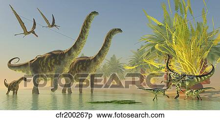 Deinocheirus dinosaurs watch a group of Argentinosaurus walk through shallow waters. View Large Illustration Stock Illustration - Deinocheirus dinosaurs watch a group of Argentinosaurus walk through shallow waters.. Fotosearch