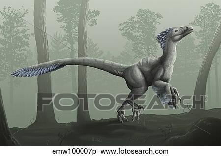 Deinonychus antirrhopus in a misty forest. View Large Illustration Stock Illustration - Deinonychus antirrhopus in a misty forest.. Fotosearch