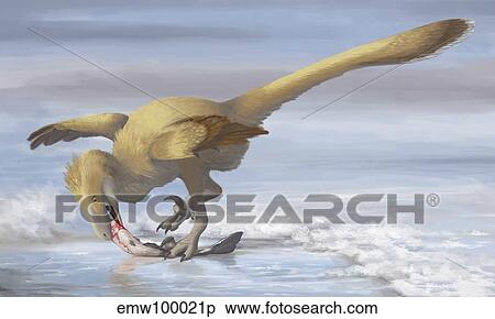 Deinonychus antirrhopus preys on a fish. View Large Illustration Stock Illustration - Deinonychus antirrhopus preys on a fish.. Fotosearch